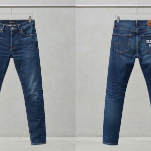Custom Mid Wash Skinny Jeans with Back Print – front and back view, custom manufactured by Ravix Pro Industry, Sialkot