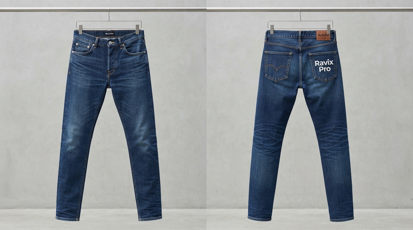 Custom Mid Wash Skinny Jeans with Back Print Custom Mid Wash Skinny Jeans with Back Print – front and back view, custom manufactured by Ravix Pro Industry, Sialkot