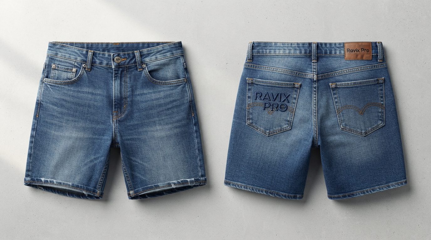 Custom Mid Wash Denim Shorts with Tonal Back Logo Custom Mid Wash Denim Shorts with Tonal Back Logo – front and back view, custom manufactured by Ravix Pro Industry, Sialkot