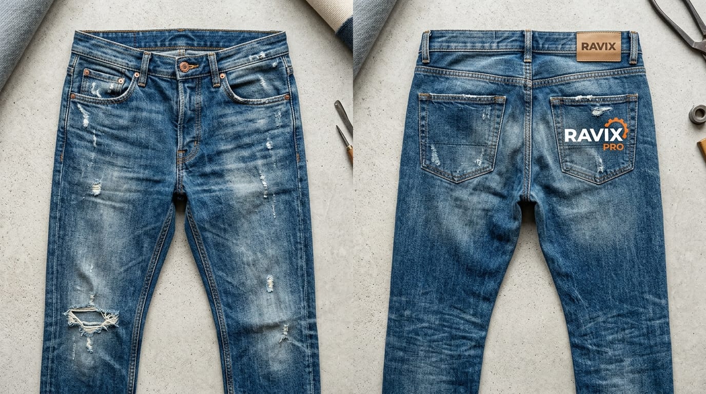Custom Vintage Distressed Ripped Jeans with Back Pocket Print Custom Vintage Distressed Ripped Jeans with Back Pocket Print – front and back view, custom manufactured by Ravix Pro Industry, Sialkot
