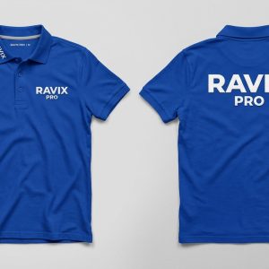 Custom Royal Blue Polo with Bold Back Print – front and back view, custom manufactured by Ravix Pro Industry, Sialkot