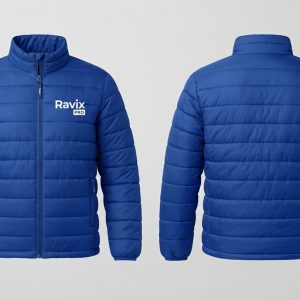 Custom Royal Blue Puffer Jacket – front and back view, custom manufactured by Ravix Pro Industry, Sialkot