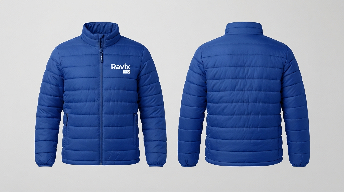Custom Royal Blue Puffer Jacket Custom Royal Blue Puffer Jacket – front and back view, custom manufactured by Ravix Pro Industry, Sialkot