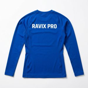 Custom Royal Blue Rash Guard with Back Logo – front and back view, custom manufactured by Ravix Pro Industry, Sialkot