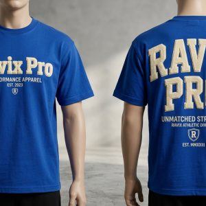 Custom Royal Blue Tee with Vintage Collegiate Graphic – front and back view, custom manufactured by Ravix Pro Industry, Sialkot