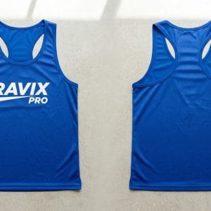 Custom Royal Blue Mesh Running Singlet with Logo – front and back view, custom manufactured by Ravix Pro Industry, Sialkot