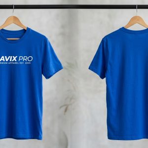 Custom Royal Blue Tee with Wordmark and Tagline – front and back view, custom manufactured by Ravix Pro Industry, Sialkot