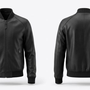 Custom Black Leather Raglan Bomber – front and back view, custom manufactured by Ravix Pro Industry, Sialkot
