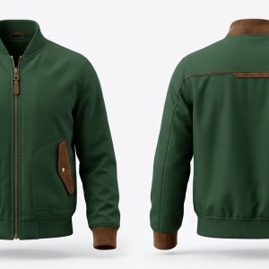 Custom Green Bomber with Suede Trims – front and back view, custom manufactured by Ravix Pro Industry, Sialkot