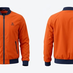 Custom Orange Bomber with Navy Trims – front and back view, custom manufactured by Ravix Pro Industry, Sialkot