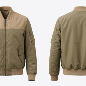 Custom Khaki Two-Tone MA-1 Bomber – front and back view, custom manufactured by Ravix Pro Industry, Sialkot