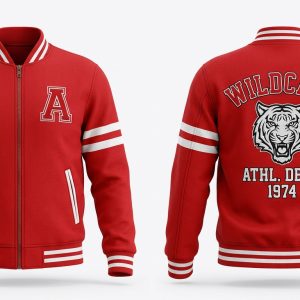 Custom Red Varsity Bomber with Tiger Graphic – front and back view, custom manufactured by Ravix Pro Industry, Sialkot