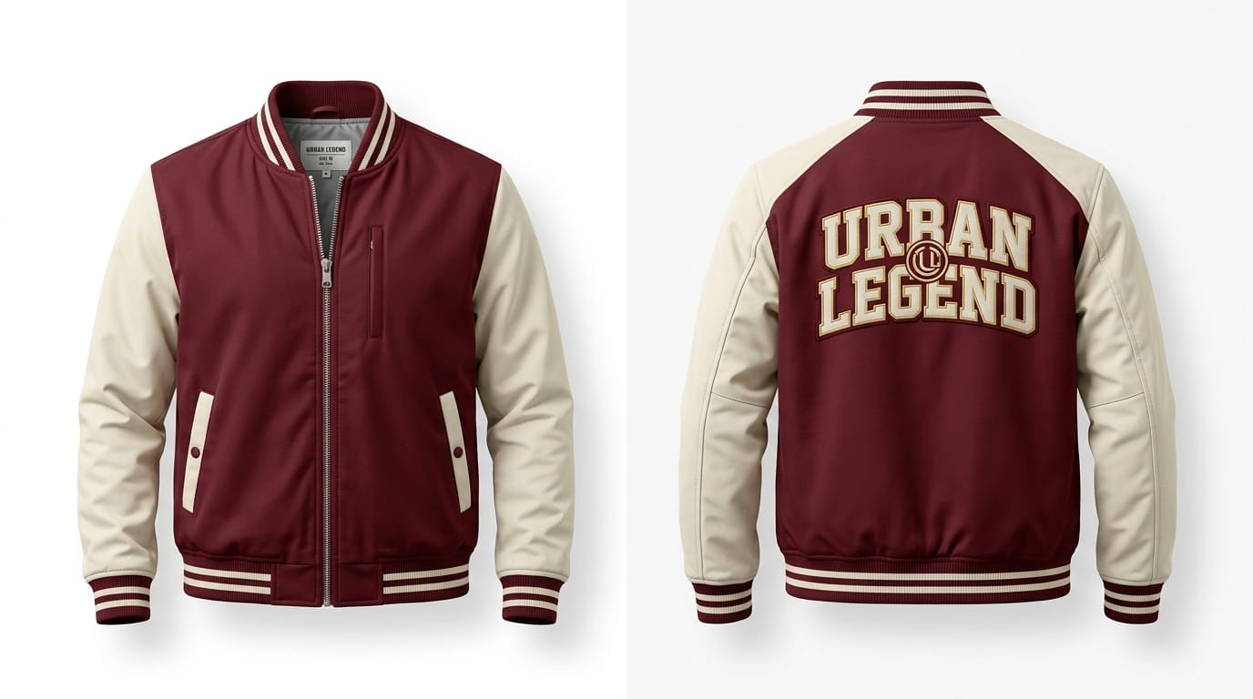 Custom Burgundy and Cream Varsity Bomber Jacket Custom Burgundy and Cream Varsity Bomber Jacket – front and back view, custom manufactured by Ravix Pro Industry, Sialkot