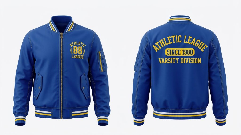 Custom Royal Blue League Varsity Bomber – front and back view, custom manufactured by Ravix Pro Industry, Sialkot