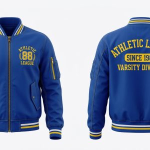 Custom Royal Blue League Varsity Bomber – front and back view, custom manufactured by Ravix Pro Industry, Sialkot