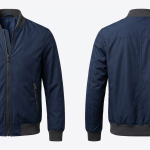 Custom Navy Classic Bomber Jacket – front and back view, custom manufactured by Ravix Pro Industry, Sialkot