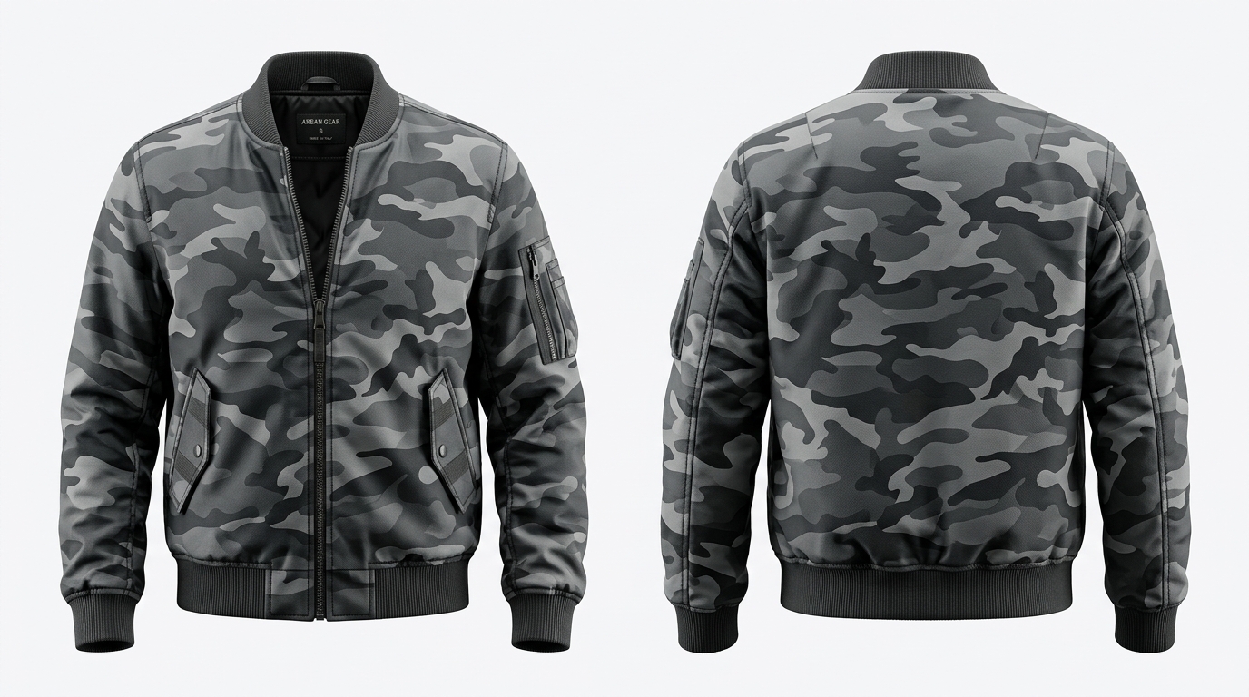 Custom Grey Camo Bomber Jacket Custom Grey Camo Bomber Jacket – front and back view, custom manufactured by Ravix Pro Industry, Sialkot