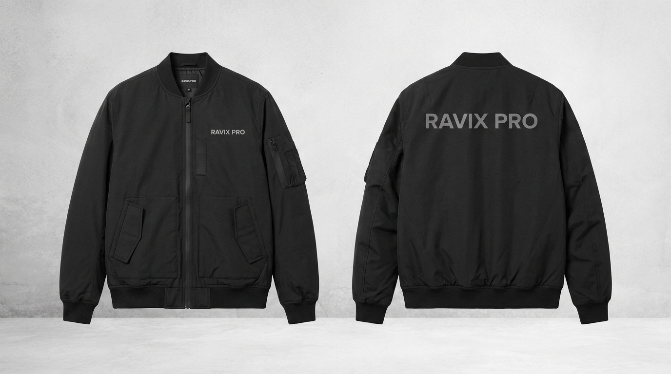 Custom Black MA-1 Bomber with Tonal Back Logo Custom Black MA-1 Bomber with Tonal Back Logo – front and back view, custom manufactured by Ravix Pro Industry, Sialkot