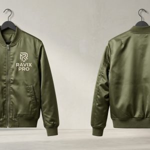 Custom Olive Satin Bomber with Chest Print – front and back view, custom manufactured by Ravix Pro Industry, Sialkot