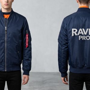 Custom Navy MA-1 Bomber with White Back Logo – front and back view, custom manufactured by Ravix Pro Industry, Sialkot