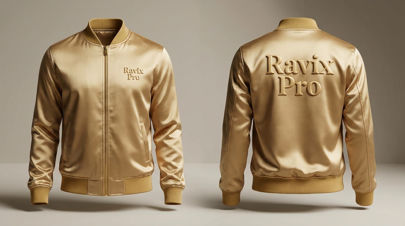 Custom Champagne Satin Bomber with Embossed Logo Custom Champagne Satin Bomber with Embossed Logo – front and back view, custom manufactured by Ravix Pro Industry, Sialkot
