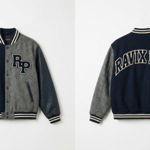 Custom Navy and Grey Varsity with Chenille Monogram – front and back view, custom manufactured by Ravix Pro Industry, Sialkot