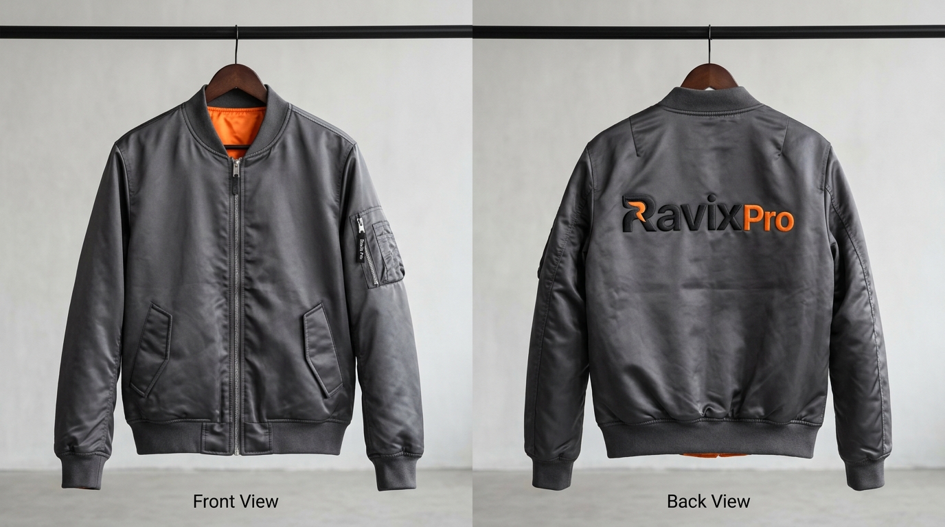 Custom Grey MA-1 Bomber with Orange Lining Custom Grey MA-1 Bomber with Orange Lining – front and back view, custom manufactured by Ravix Pro Industry, Sialkot