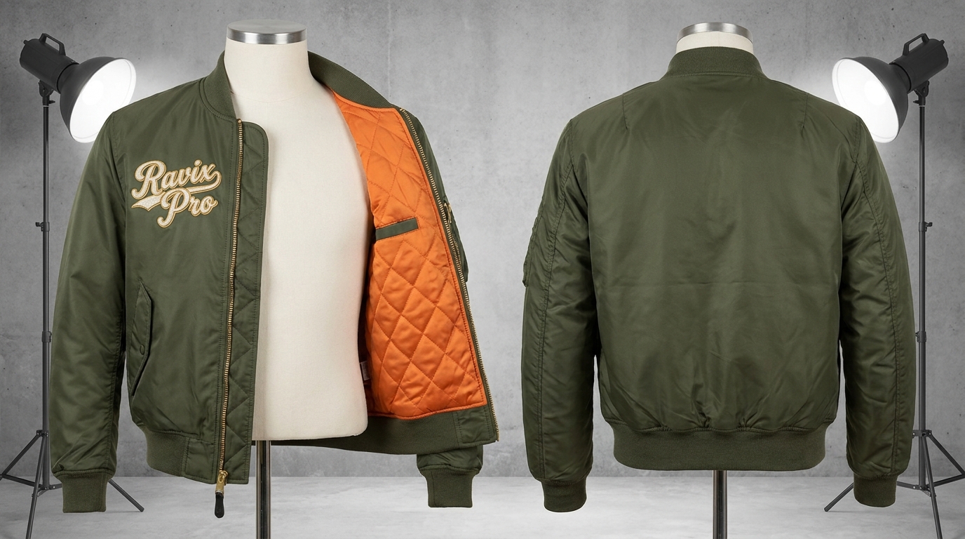 Custom Olive MA-1 Flight Bomber Jacket Custom Olive MA-1 Flight Bomber Jacket – front and back view, custom manufactured by Ravix Pro Industry, Sialkot