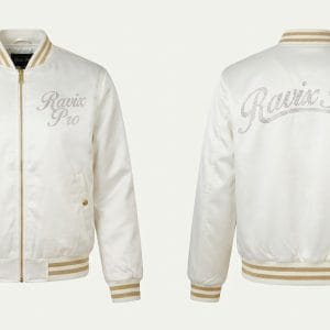 Custom Cream Satin Bomber with Embroidered Script – front and back view, custom manufactured by Ravix Pro Industry, Sialkot