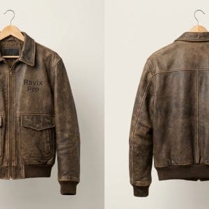 Custom Vintage Brown Distressed Leather Bomber Jacket – front and back view, custom manufactured by Ravix Pro Industry, Sialkot