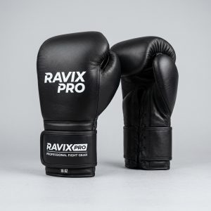 Custom Black Boxing Gloves with White Print – front and back view, custom manufactured by Ravix Pro Industry, Sialkot