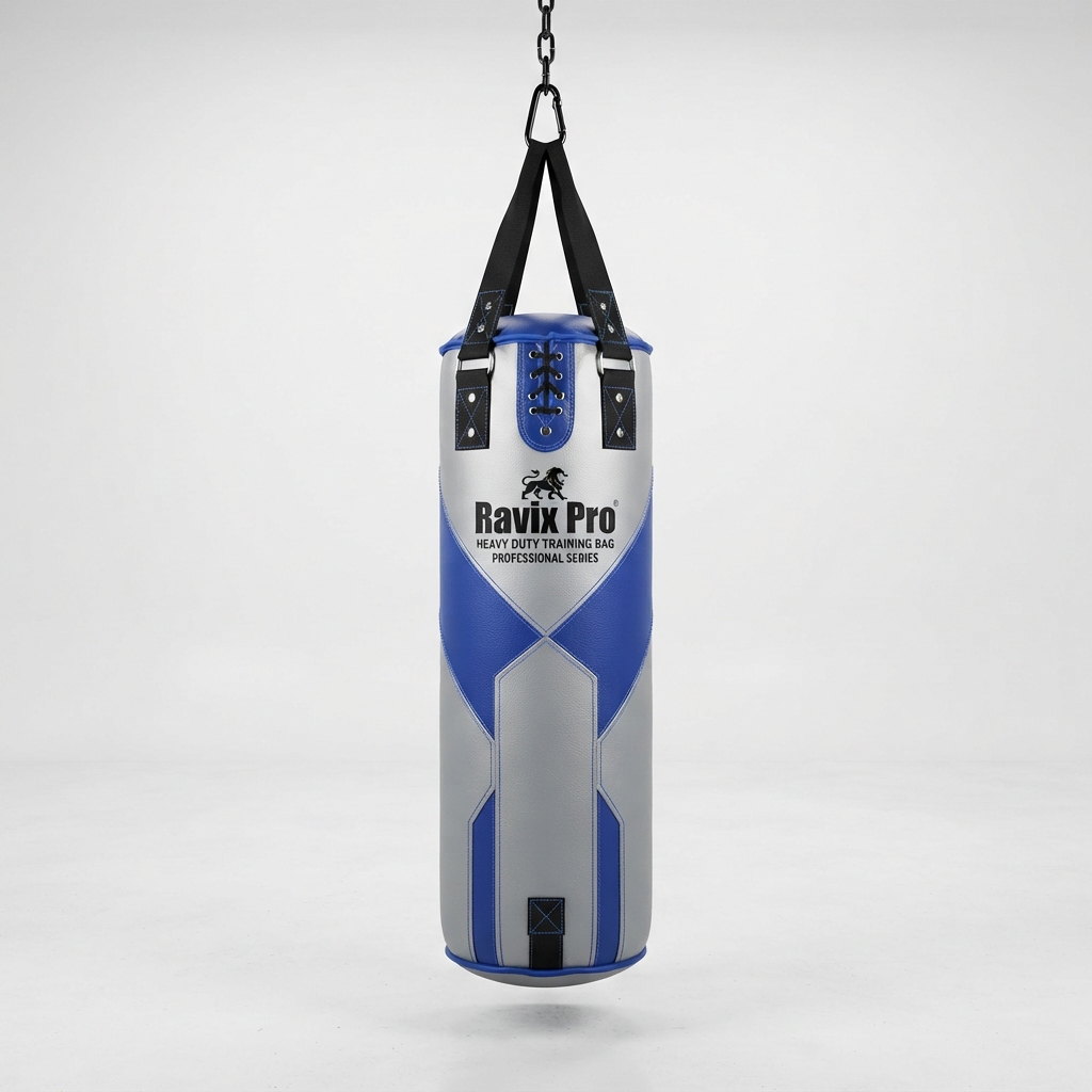 Custom Blue and Silver Heavy Bag Custom Blue and Silver Heavy Bag – front and back view, custom manufactured by Ravix Pro Industry, Sialkot