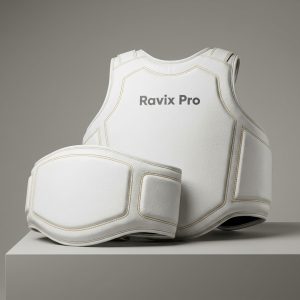 Custom White Coach Body Protector – front and back view, custom manufactured by Ravix Pro Industry, Sialkot