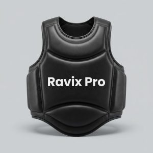 Custom Black Boxing Body Protector – front and back view, custom manufactured by Ravix Pro Industry, Sialkot