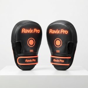 Custom Black and Orange Target Focus Mitts – front and back view, custom manufactured by Ravix Pro Industry, Sialkot