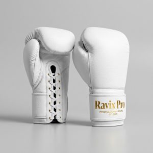 Custom White Lace-Up Pro Fight Gloves – front and back view, custom manufactured by Ravix Pro Industry, Sialkot