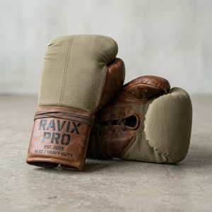 Custom Vintage Leather Lace-Up Boxing Gloves – front and back view, custom manufactured by Ravix Pro Industry, Sialkot
