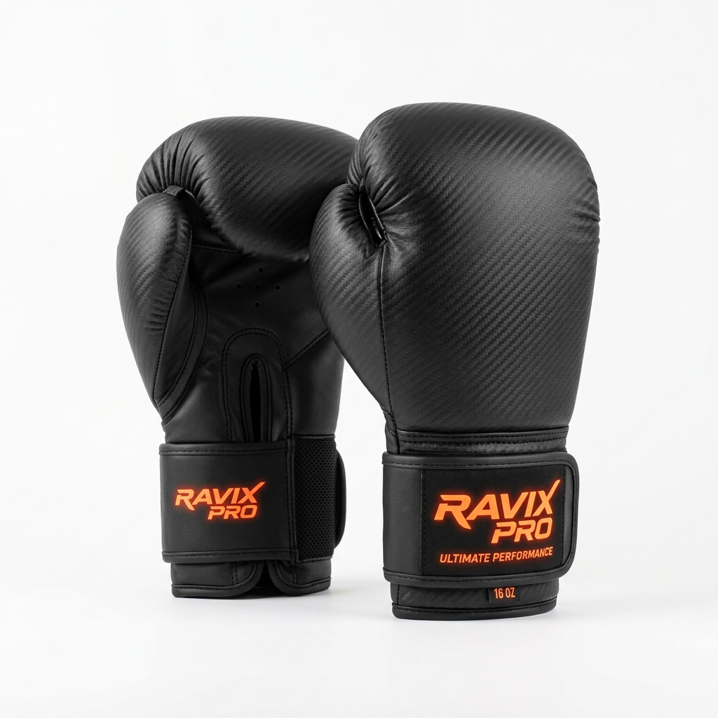 Custom Black Gloves with Orange Logo Custom Black Gloves with Orange Logo – front and back view, custom manufactured by Ravix Pro Industry, Sialkot