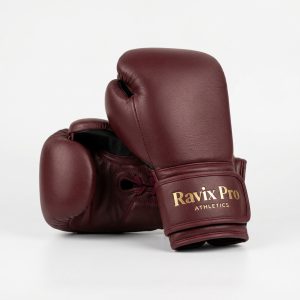 Custom Burgundy Leather Boxing Gloves – front and back view, custom manufactured by Ravix Pro Industry, Sialkot