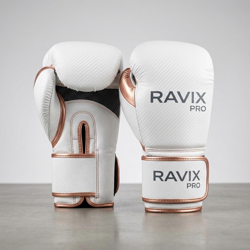Custom White and Rose Gold Boxing Gloves Custom White and Rose Gold Boxing Gloves – front and back view, custom manufactured by Ravix Pro Industry, Sialkot