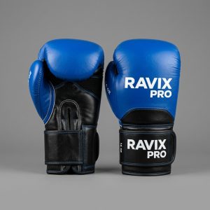 Custom Blue and Black Boxing Gloves – front and back view, custom manufactured by Ravix Pro Industry, Sialkot