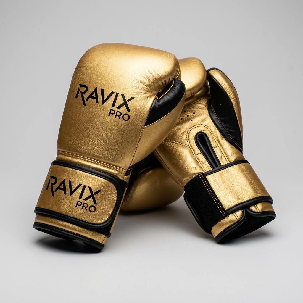 Custom Gold Metallic Boxing Gloves Custom Gold Metallic Boxing Gloves – front and back view, custom manufactured by Ravix Pro Industry, Sialkot