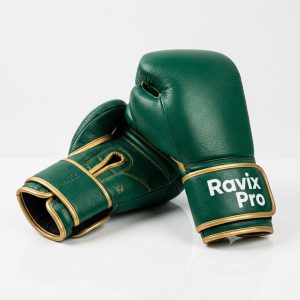 Custom Green and Gold Boxing Gloves – front and back view, custom manufactured by Ravix Pro Industry, Sialkot