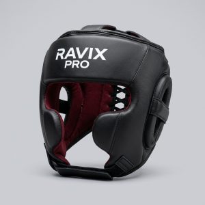 Custom Black Headgear with Burgundy Lining – front and back view, custom manufactured by Ravix Pro Industry, Sialkot