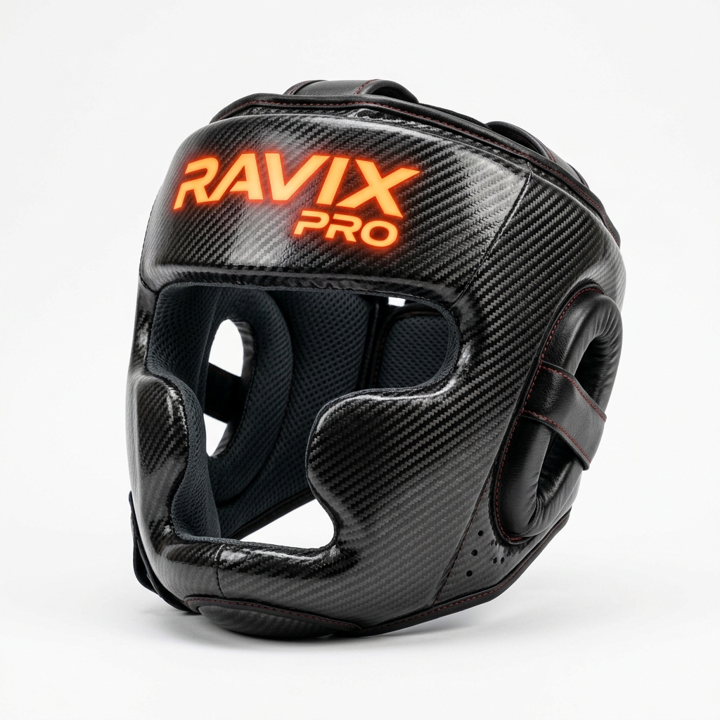 Custom Black Carbon Boxing Headgear Custom Black Carbon Boxing Headgear – front and back view, custom manufactured by Ravix Pro Industry, Sialkot
