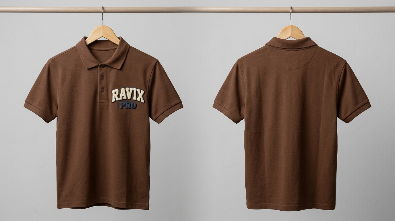 Custom Brown Polo Shirt with Chest Print Custom Brown Polo Shirt with Chest Print – front and back view, custom manufactured by Ravix Pro Industry, Sialkot
