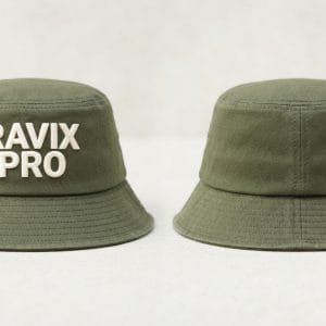 Custom Olive Green Bucket Hat with Embroidered Logo – front and back view, custom manufactured by Ravix Pro Industry, Sialkot