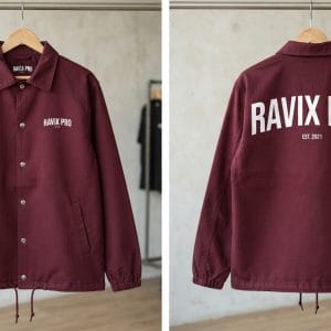 Custom Burgundy Coach Jacket with Large Back Print – front and back view, custom manufactured by Ravix Pro Industry, Sialkot