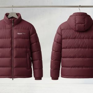 Custom Burgundy Hooded Puffer Jacket – front and back view, custom manufactured by Ravix Pro Industry, Sialkot