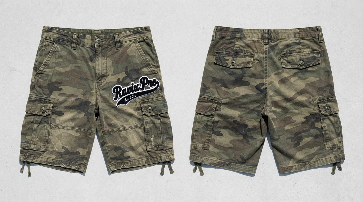 Custom Camo Cargo Shorts with Embroidered Patch Custom Camo Cargo Shorts with Embroidered Patch – front and back view, custom manufactured by Ravix Pro Industry, Sialkot